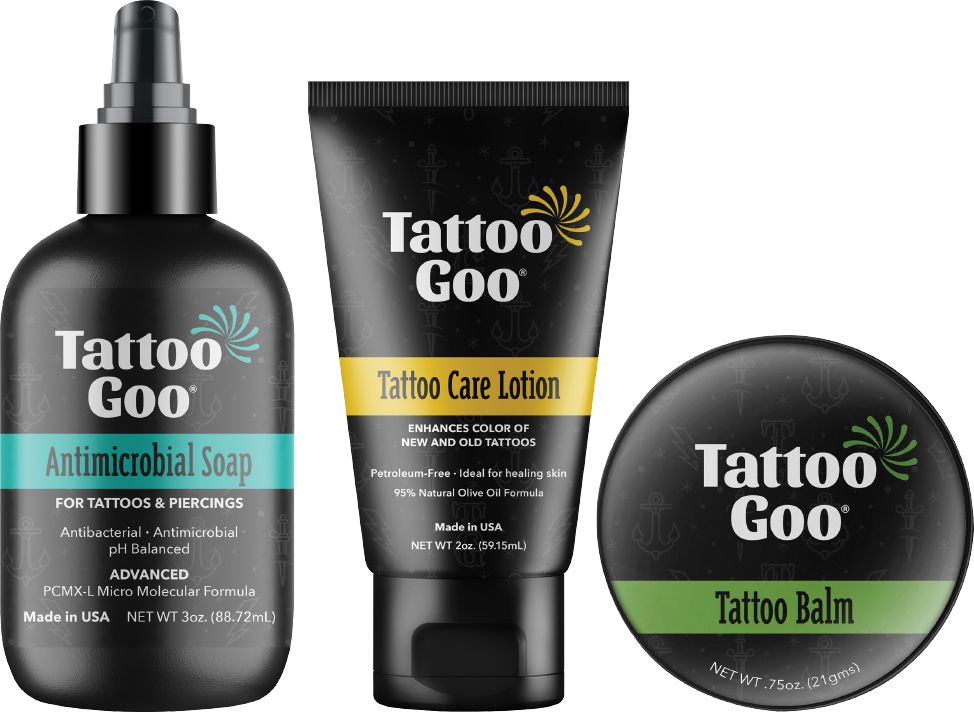 Tattoo Goo blam, lotion and antimicrobial soap renderings